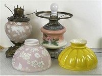 2 Electrified Oil Lamp Bases with Glass Shades