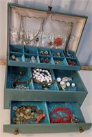 Retro blue Jewelry box with contents