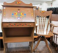 Brown Folk Art Painted Desk (W/ Matching Chair)