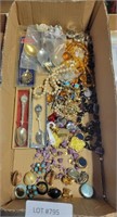 FLAT BOX OF COSTUME JEWELRY, PARTS, COLL. SPOONS