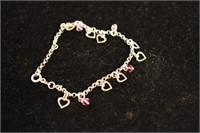 STERLING SILVER BRACELET WITH HEART & PINK CRYSTAL