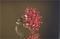 STERLING SILVER RUBY CLUSTER RING-WHITE ZIRCONS