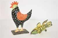 HAND PAINTED METAL ROOSTER & WOOD FISH DECOY