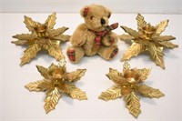 4 CHRISTMAS BRASS CANDLE HOLDERS & BEAR