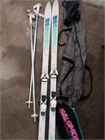 Saloman downhill snow skis with poles mittens
