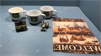 3 John Deere soup cups, tractor,flag