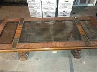 1970s Glass and wood coffee table 60 x 22 x17