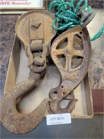 2 LARGE IRON BARN PULLEYS & ROPE/PULLEY SET
