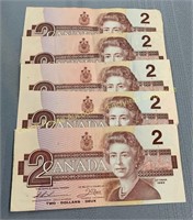 (5) 1986 Canada 2 dollar notes, Billets de 2 $