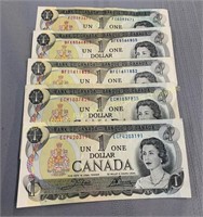 (5) 1973 Canada 1 dollar notes, Billets de 1 $