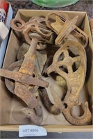 FLAT BOX OF RUSTIC IRON PULLEYS & PULLEY PARTS