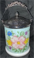 Antique Victorian hand painted glass biscuit jar.