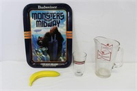 Budweiser Glass Pitcher, Pint & 1985 Bears Tray