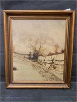 L Paine, 1915 Winter Field Landscape Oil on Canvas