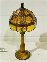 14" tall wood base table lamp w/ glass shade