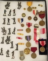 Lead military men, pins, ribbons, etc