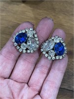 Bright Blue and Rhinestone Clip On Earrings
