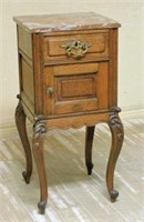 Louis XV Style Marble Top Oak Side Cabinet.