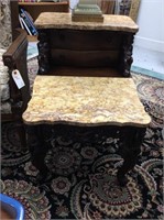 Antique marble top end table with cherub carving