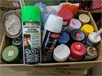 Box of spray paints and more