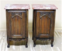 Louis XV Style Marble Top Oak Side Cabinets.