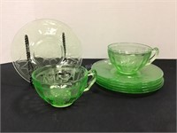 Green Depression Glass Cups & Saucers