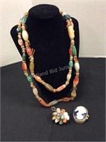 Beaded Stone Necklace, Pendant & Cameo Trinket Box