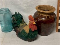 Decorative chicken and vase with rattan detail
