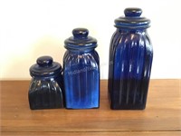 Three Cobalt Blue Glass Canisters