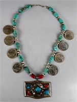 Antique Sterling Silver Dollar Necklace w/ Turquoi