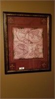 ^ Framed picture of world map. approx. 25”X31”.