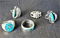 5 Native Amrican Sterling Silver Rings w/ Turquois
