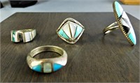 Four Native American Sterling Silver Rings w/ Ston