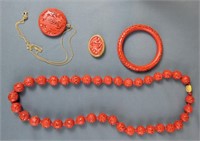 Chinese Oriental Carved Red Cinnabar Jewelry