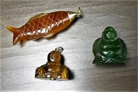 Jade & Tiger's Eye Carved Buddha Charms 14k Gold