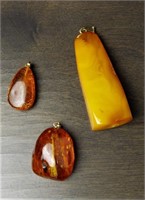Lot of 3 Jewelry Pendants- Amber w/ 14k Gold