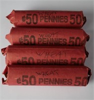 Four Rolls of Unsearched US Wheat Penny Coins