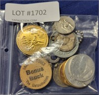 BAG OF ASSORTED ADV. TOKENS, MEDALS & PENDANTS