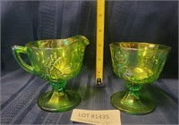 GREEN CARNIVAL GLASS CREAM & SUGAR SET