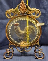 WROUGHT IRON FRAME W/GLASS ROOSTER CENTER