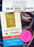 2.5 Gram .9999 Gold Bar Credit Suisee
