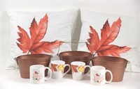 Maple Leaf Toss Cushion, Mugs & Copper Tin Pails