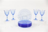 Avon Pressed Blue Glass Dinner Plates & Stemware
