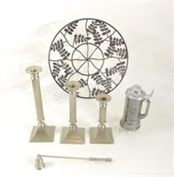 Silver Tone Candle Holders,Snuffer, Wire Basket,