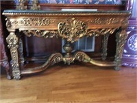 LARGE CARVED GILT  MARBLE TOP ENTRY TABLE