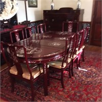 ORIENTAL INLAID ROSEWOOD DINING TABLE & CHAIRS