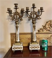 WHITE MARBLE AND BRASS FRENCH STYLE CANDLELABRAS