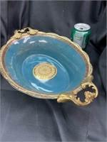 DECORATIVE OVAL TEAL  BOWL WITH GILT TRIM as is