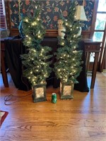 TWO MATCHING LIGHTED TREES STAINED GLASS BASES