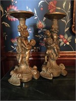 PAIR OF CAST COMPOSIT CHERUB CANDLE STANDS 13"